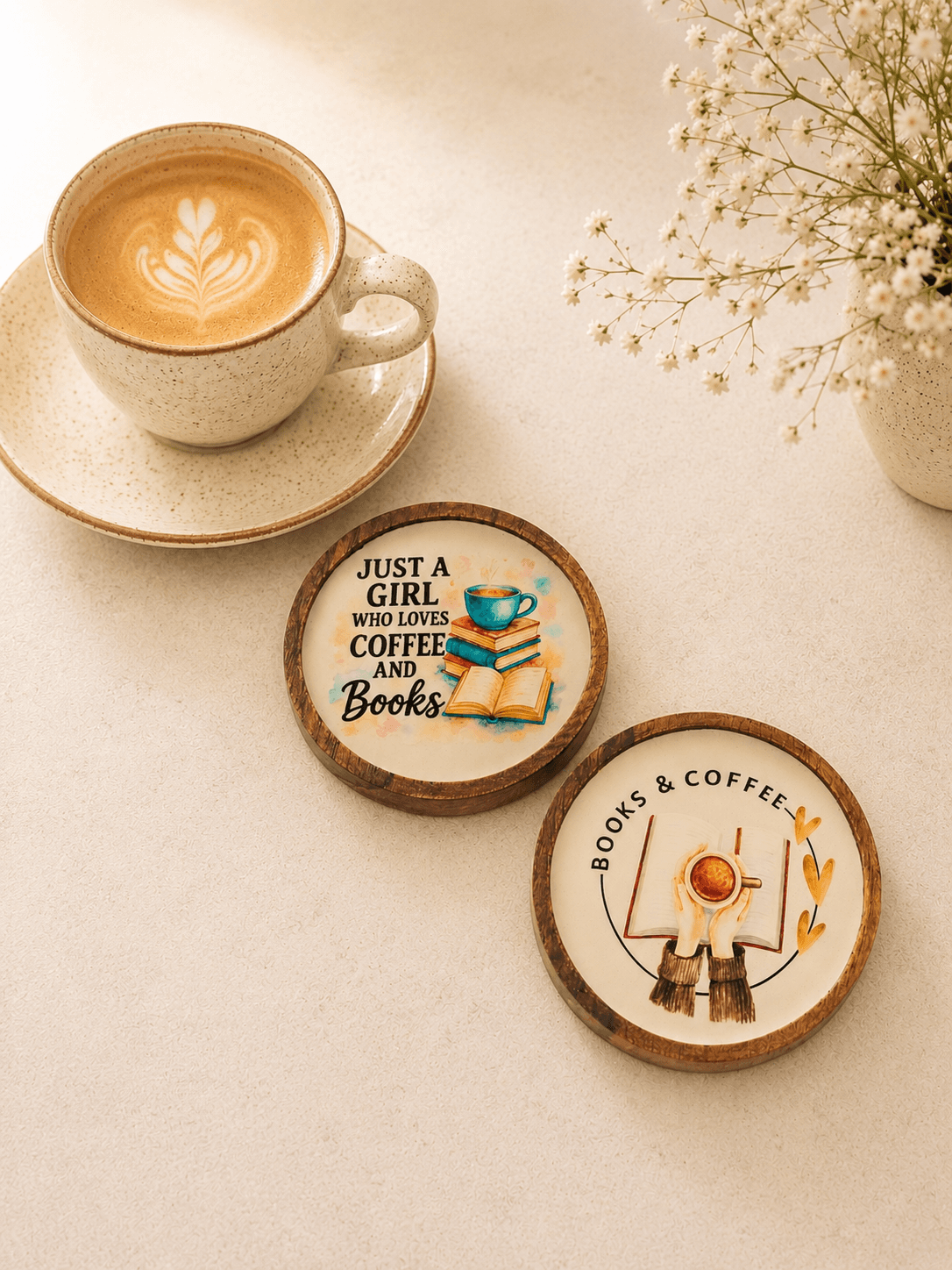 Wooden Coffee & Books coasters